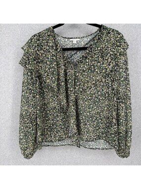 Top Shop Womens Dark Floral Ruffle Layer Top Blouse 10 Green Black Sheer Office